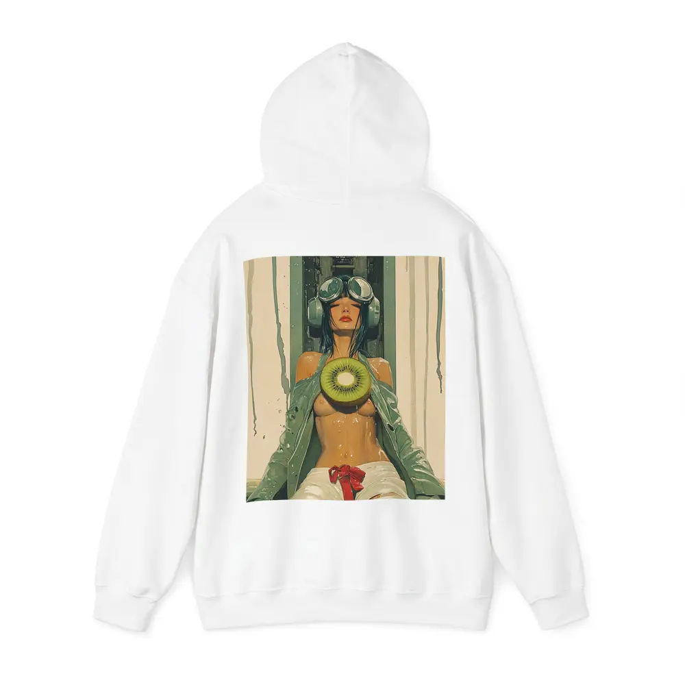Cyberpunk Woman Holding Kiwi Industrial Background – Hoodies