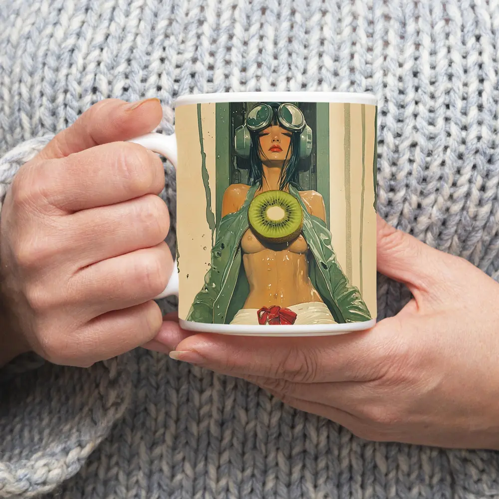 Cyberpunk Woman Holding Kiwi Industrial Background – Mugs