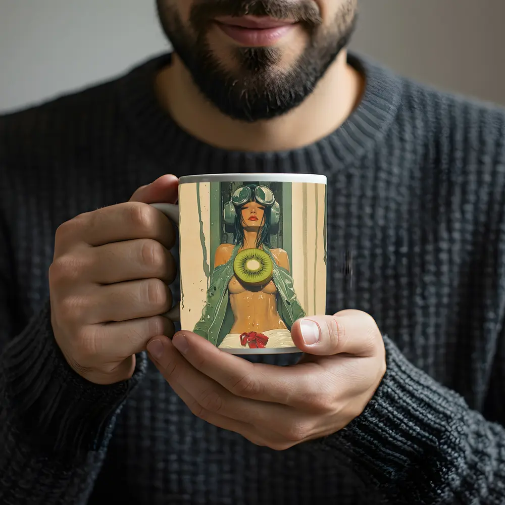 Cyberpunk Woman Holding Kiwi Industrial Background – Mugs