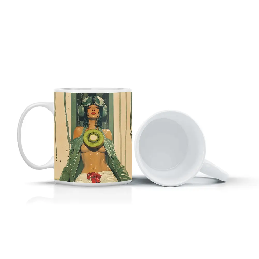 Cyberpunk Woman Holding Kiwi Industrial Background – Mugs