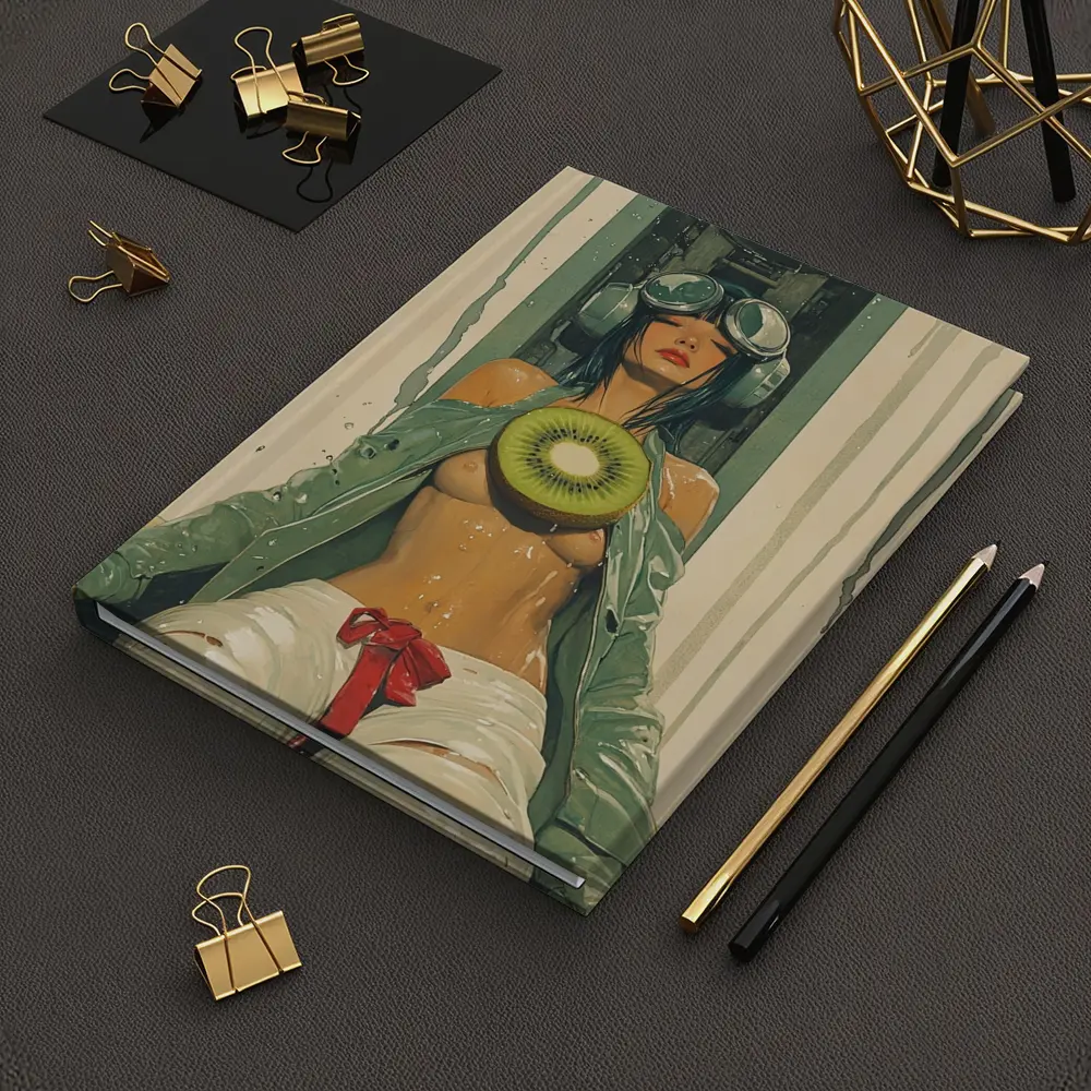 Cyberpunk Woman Holding Kiwi Industrial Background – Notebooks