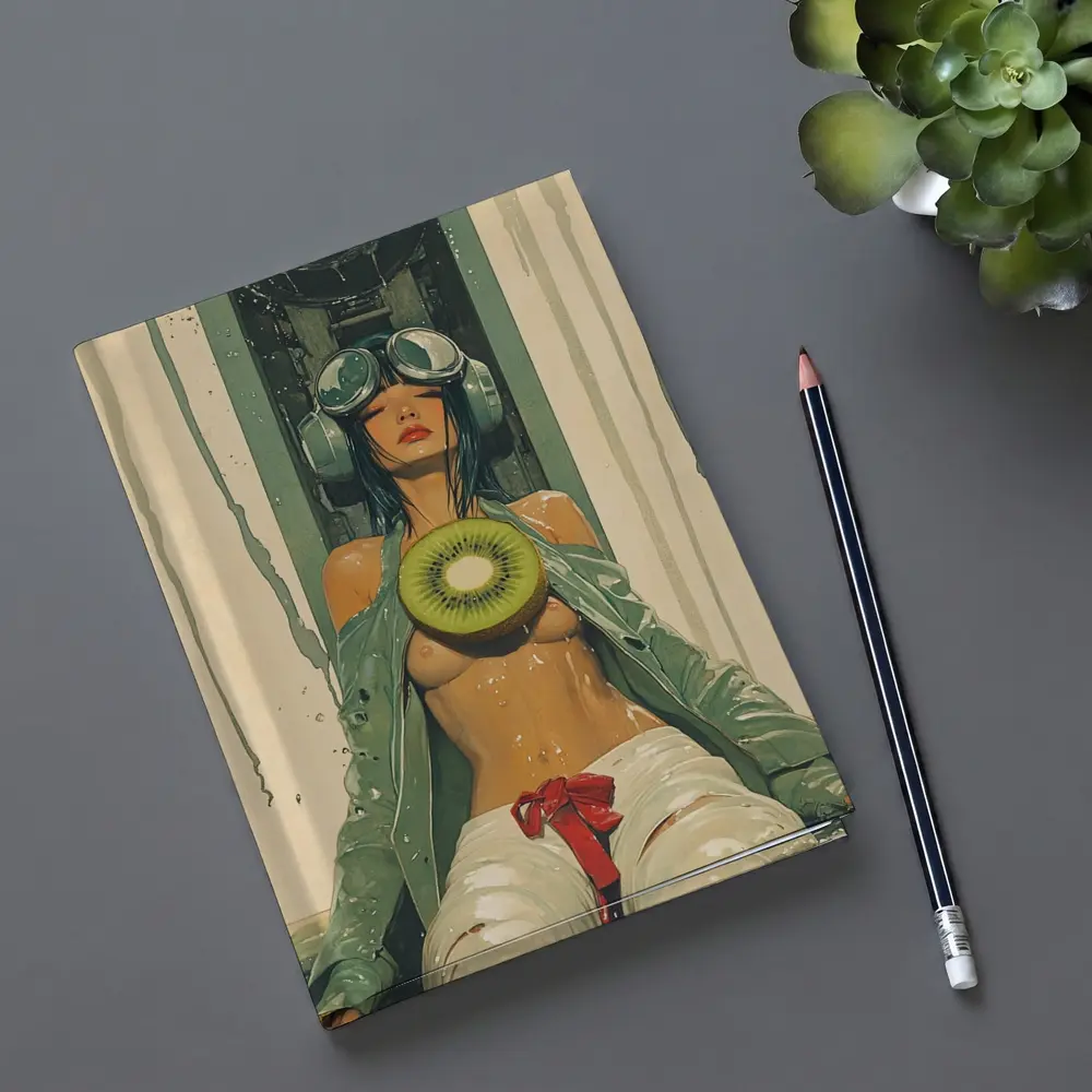 Cyberpunk Woman Holding Kiwi Industrial Background – Notebooks