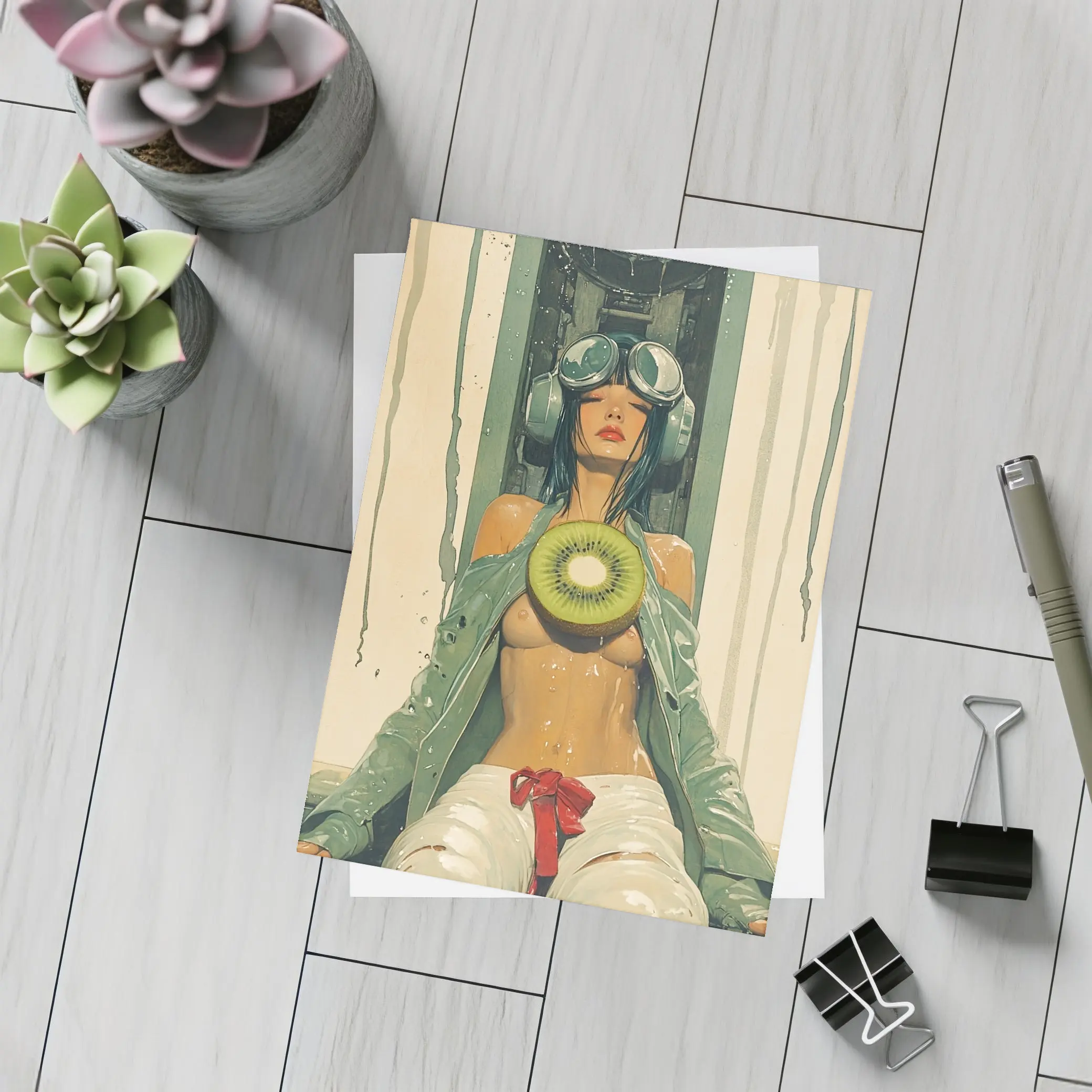 Cyberpunk Woman Holding Kiwi Industrial Background – Postcards