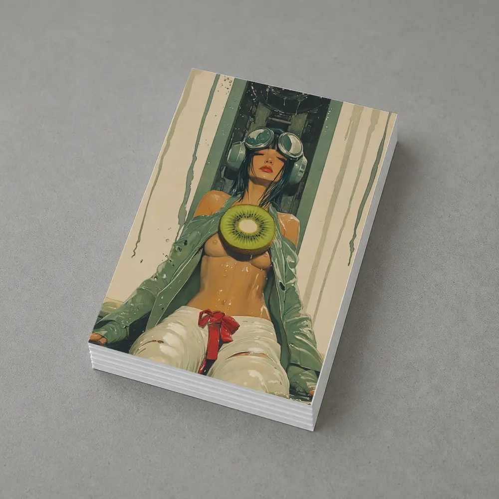 Cyberpunk Woman Holding Kiwi Industrial Background – Postcards