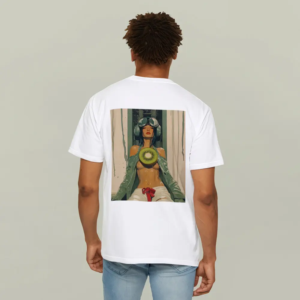 Cyberpunk Woman Holding Kiwi Industrial Background – T-Shirts