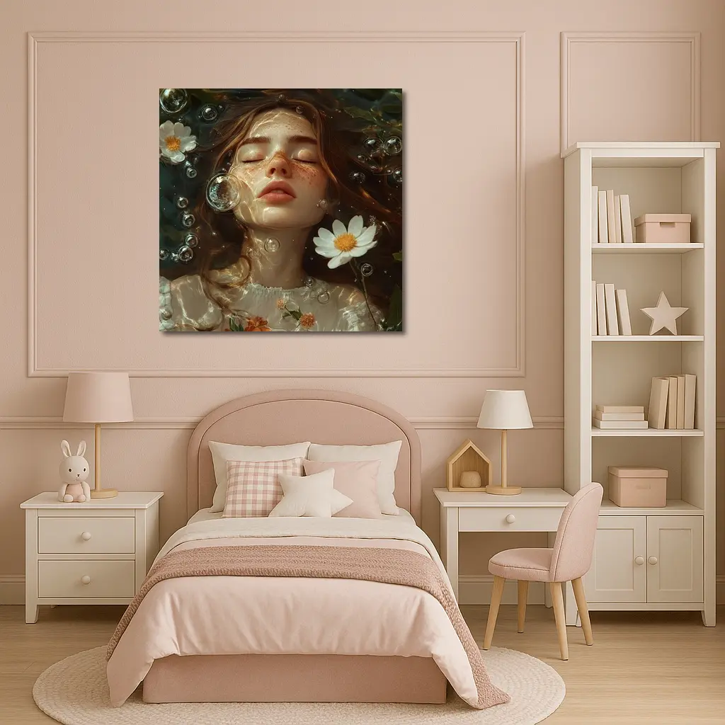 Dreaming Girl Floating Water Daisies Bubbles – Wall Art