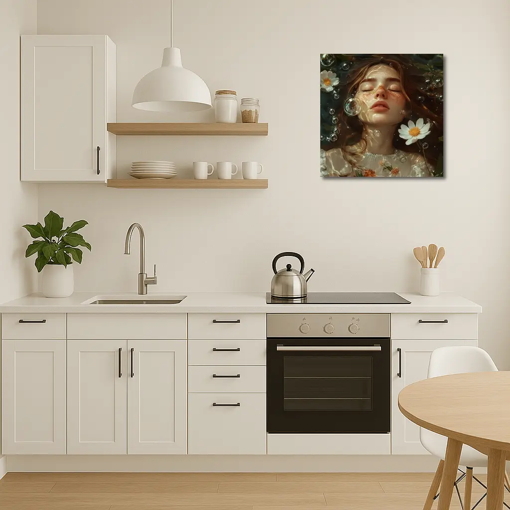 Dreaming Girl Floating Water Daisies Bubbles – Wall Art