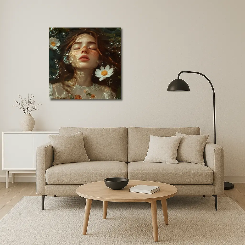 Dreaming Girl Floating Water Daisies Bubbles – Wall Art