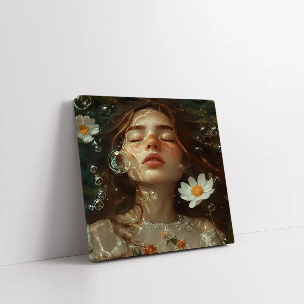 Dreaming Girl Floating Water Daisies Bubbles – Wall Art