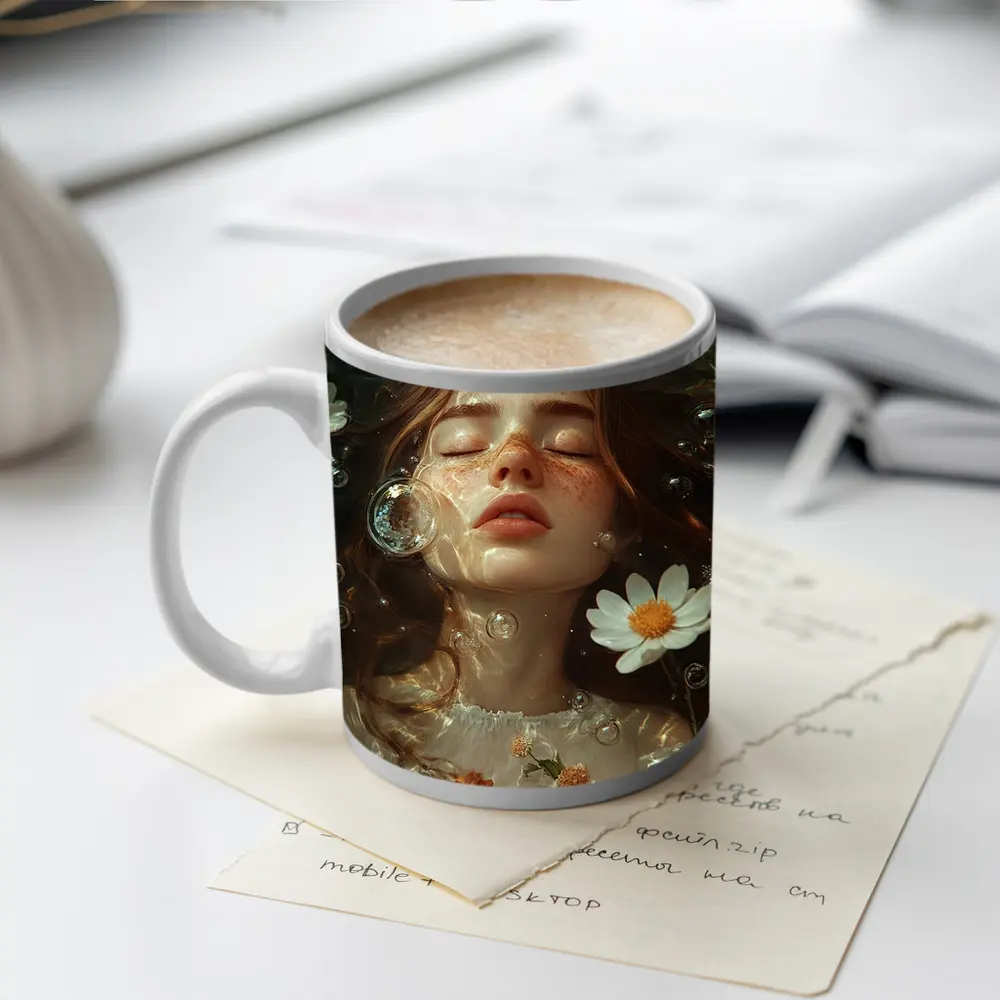 Dreaming Girl Floating Water Daisies Bubbles – Mugs