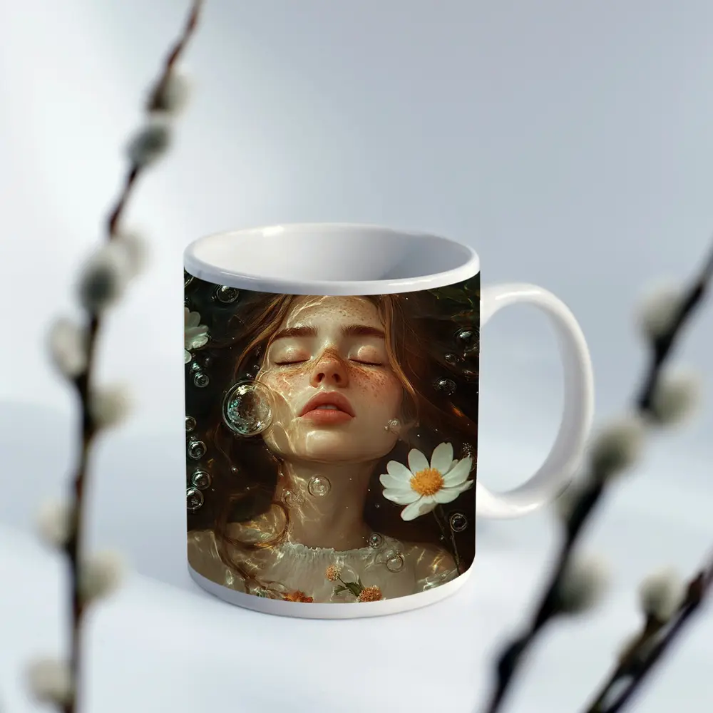 Dreaming Girl Floating Water Daisies Bubbles – Mugs