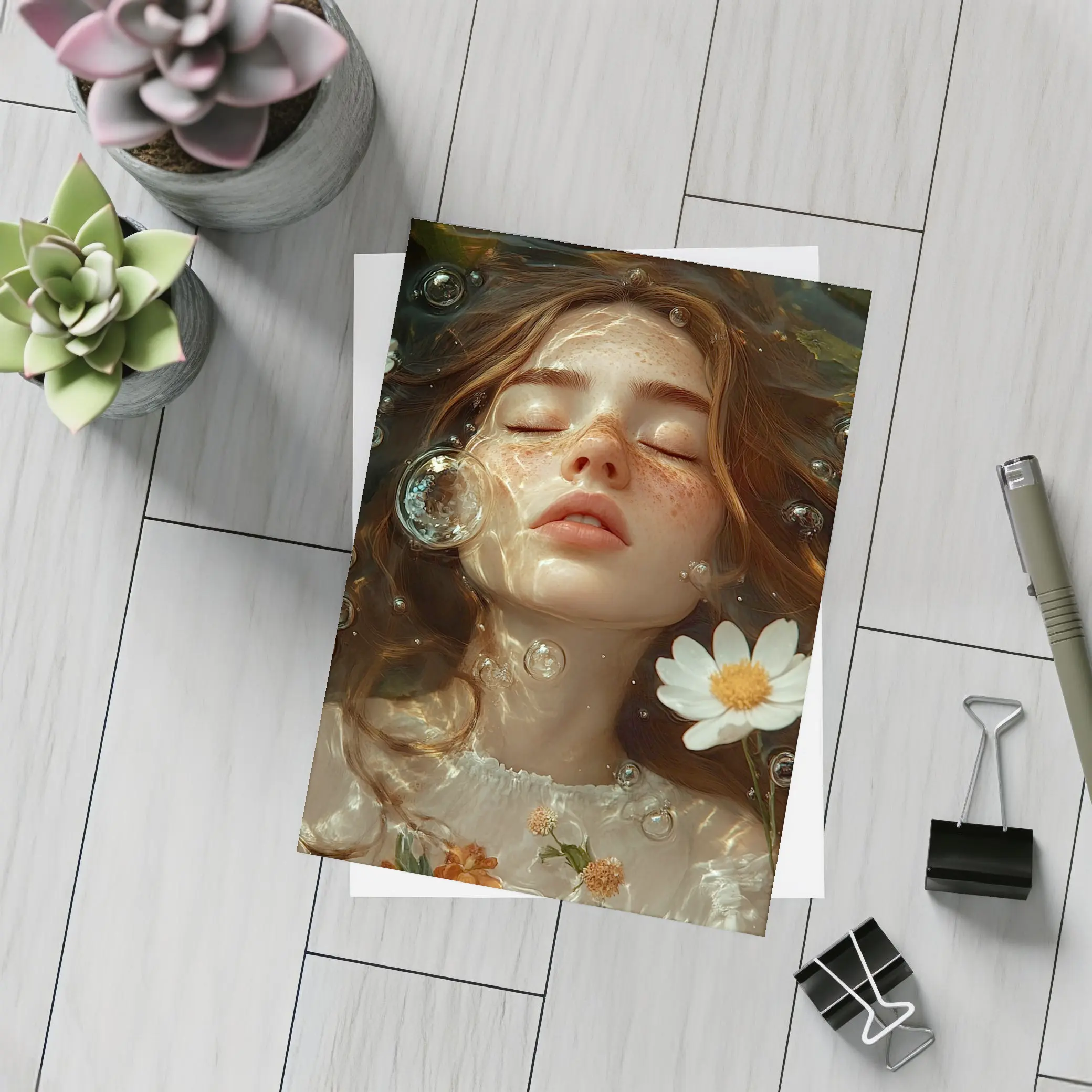 Dreaming Girl Floating Water Daisies Bubbles – Postcards