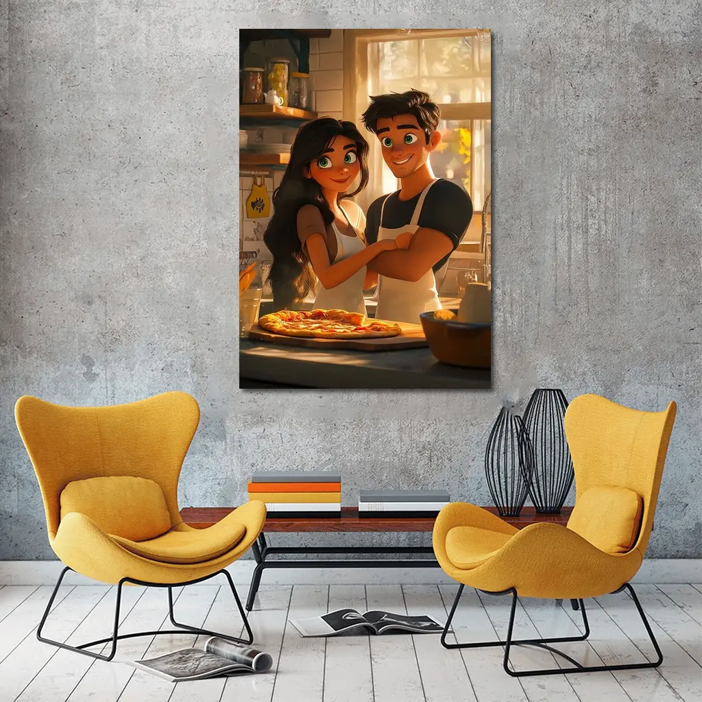 Animated Couple Making Pizza in Kitchen – Wall Art