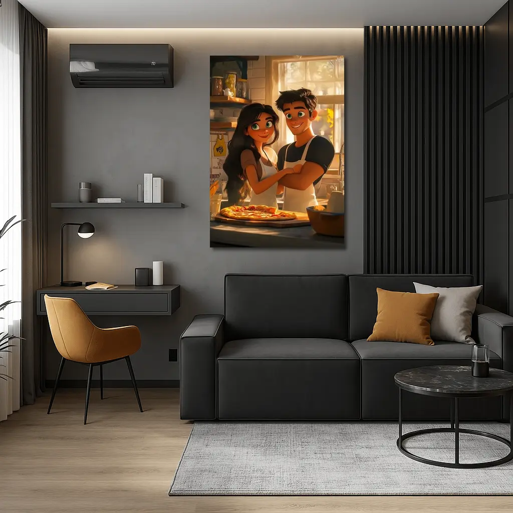 Animated Couple Making Pizza in Kitchen – Wall Art
