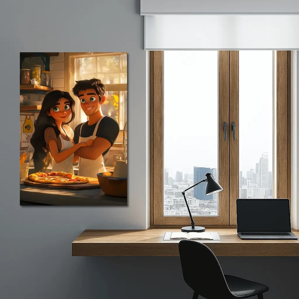 Animated Couple Making Pizza in Kitchen – Wall Art