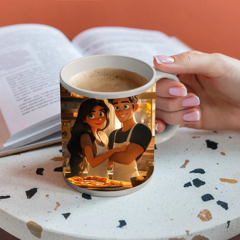 Animated Couple Making Pizza in Kitchen – Mugs