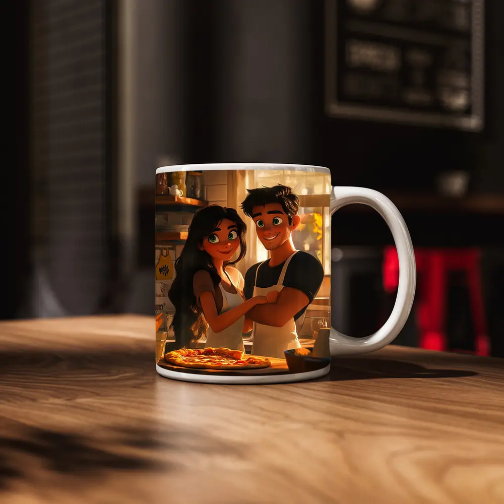 Animated Couple Making Pizza in Kitchen – Mugs