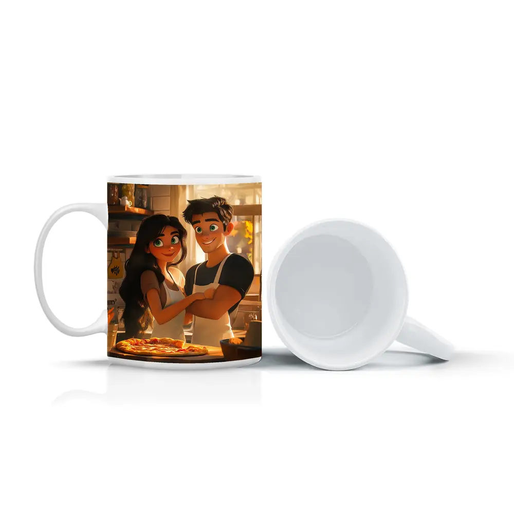 Animated Couple Making Pizza in Kitchen – Mugs