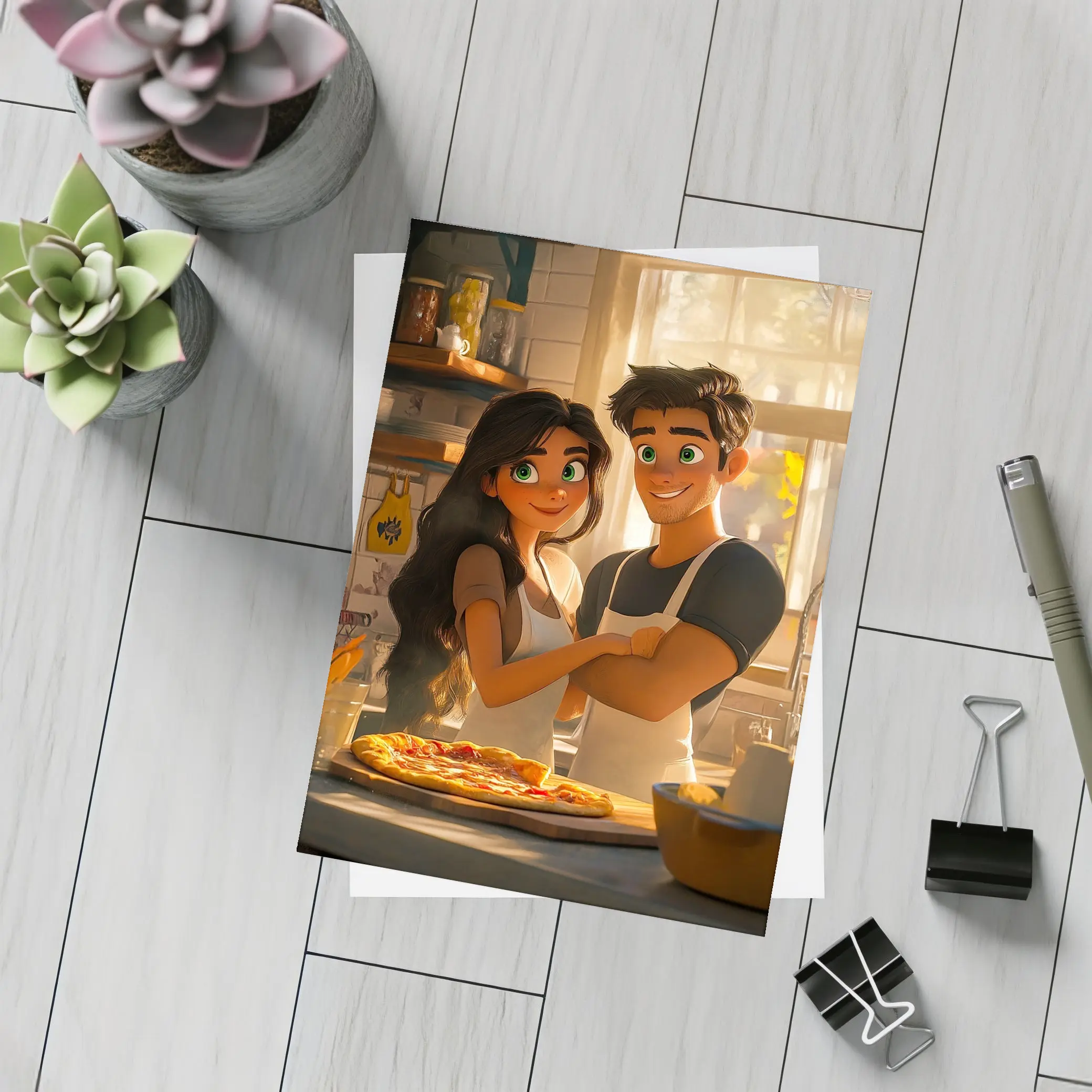Animated Couple Making Pizza in Kitchen – Postcards