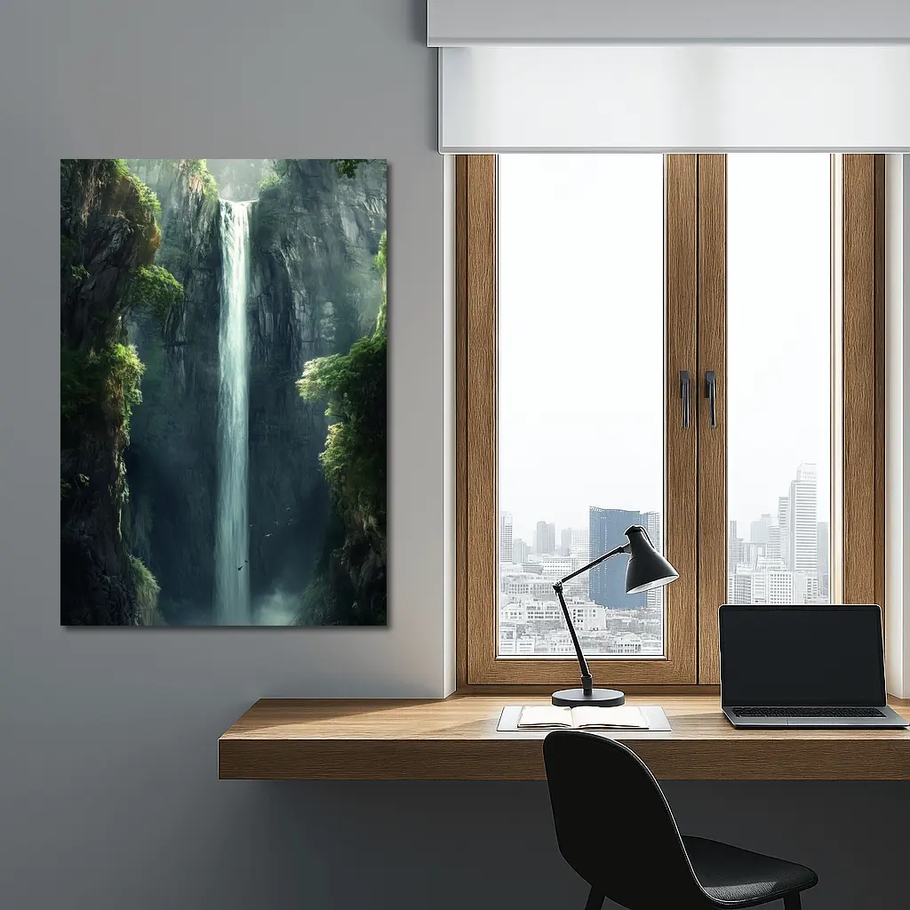 Tall Waterfall Cliff Fantasy Forest Art – Wall Art