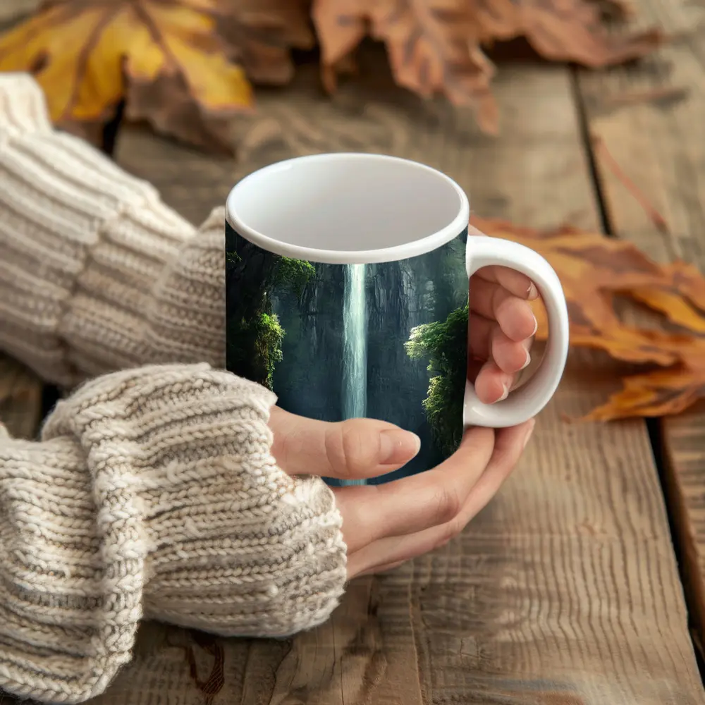 Tall Waterfall Cliff Fantasy Forest Art – Mugs