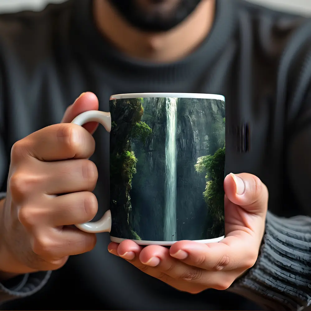 Tall Waterfall Cliff Fantasy Forest Art – Mugs