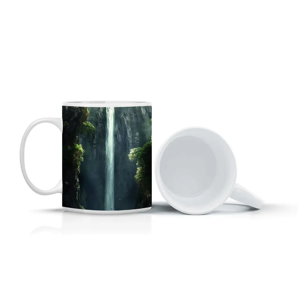 Tall Waterfall Cliff Fantasy Forest Art – Mugs
