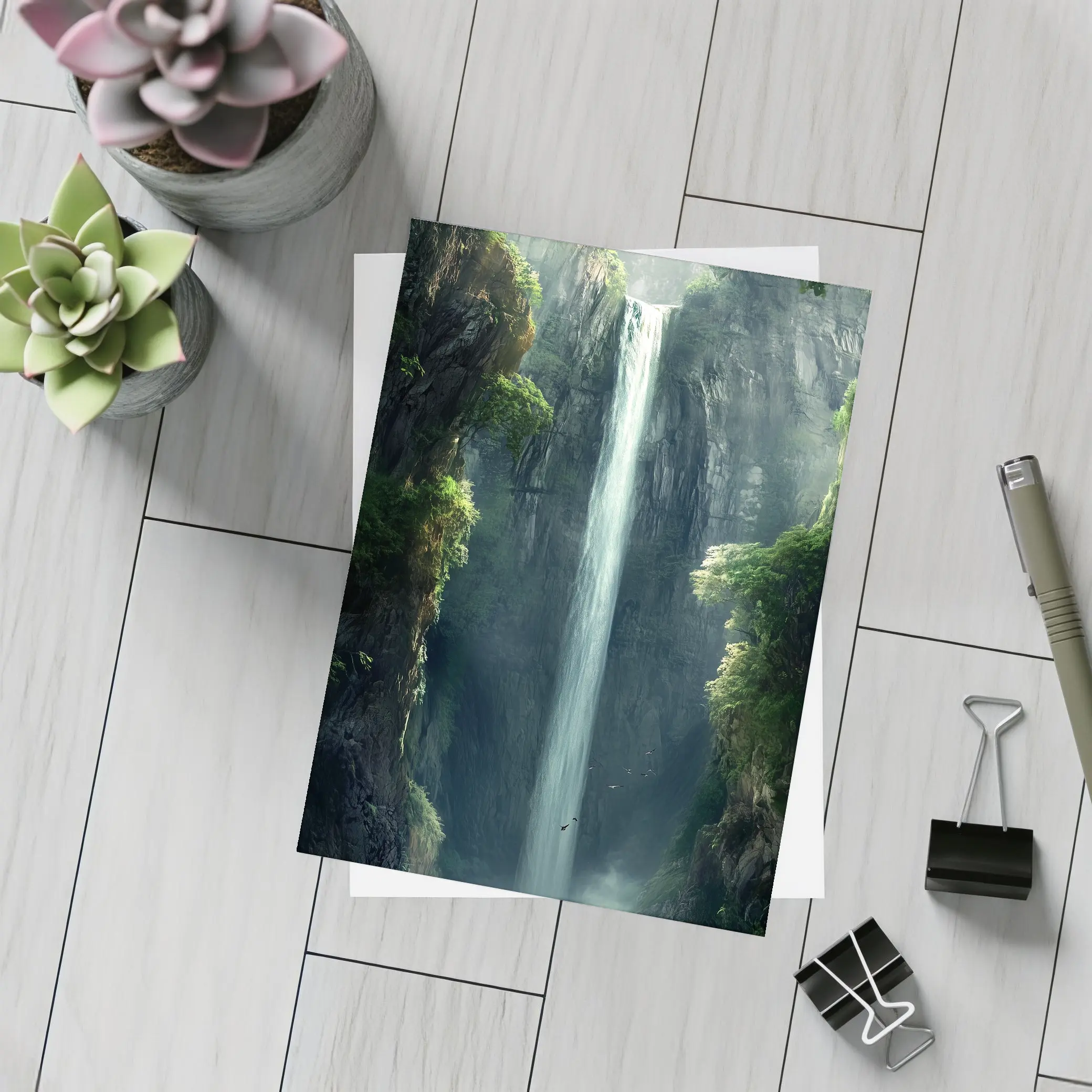 Tall Waterfall Cliff Fantasy Forest Art – Postcards