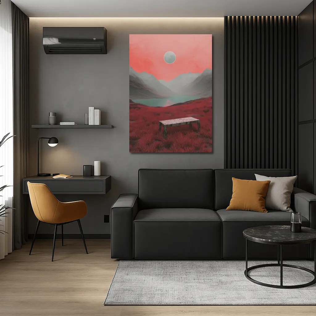 Surreal Red Landscape Moon Mountain Lake – Wall Art