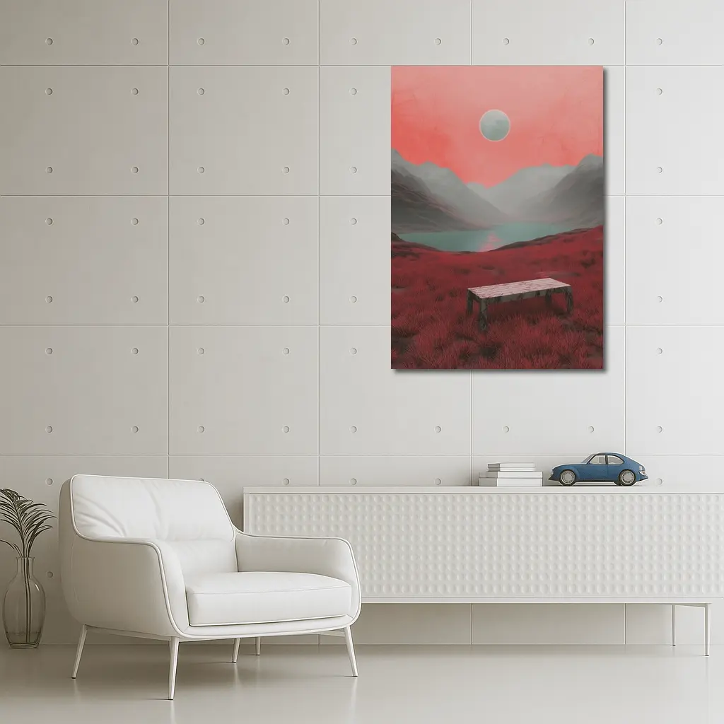 Surreal Red Landscape Moon Mountain Lake – Wall Art