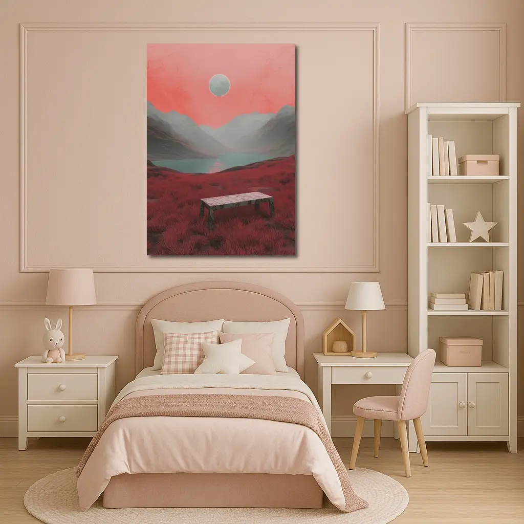 Surreal Red Landscape Moon Mountain Lake – Wall Art