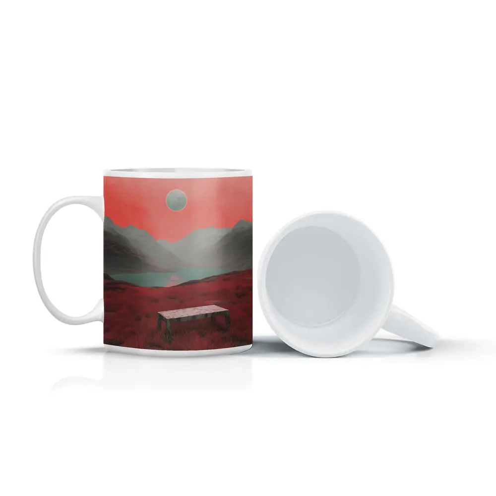 Surreal Red Landscape Moon Mountain Lake – Mugs