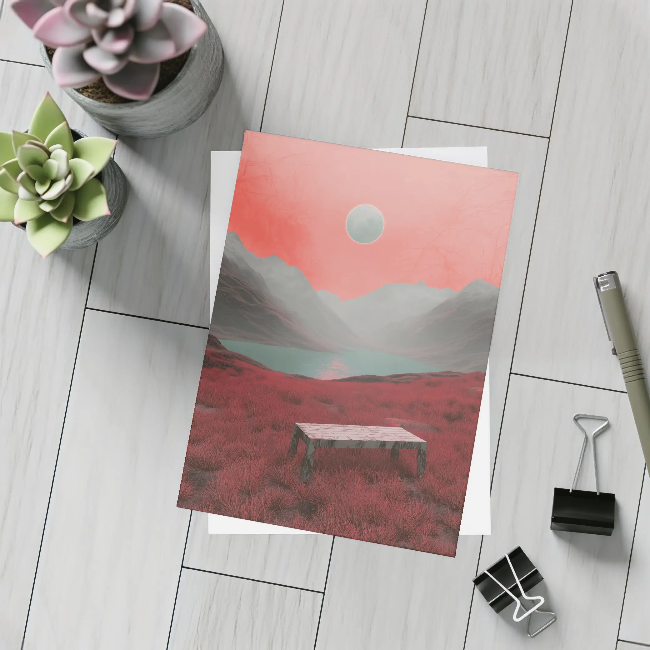 Surreal Red Landscape Moon Mountain Lake – Postcards