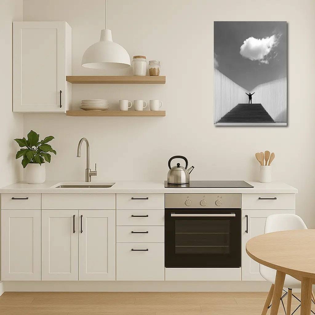 Man Arms Raised Stairs Black White – Wall Art