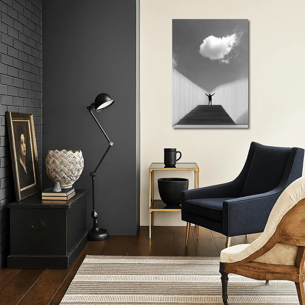 Man Arms Raised Stairs Black White – Wall Art