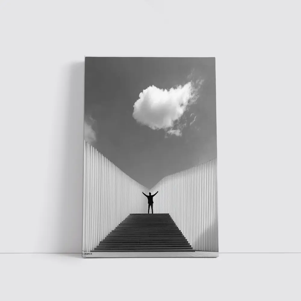 Man Arms Raised Stairs Black White – Wall Art