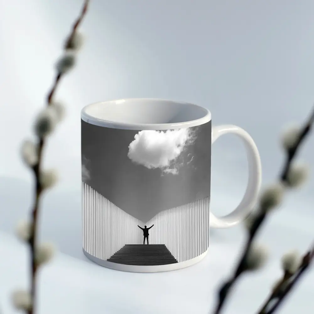 Man Arms Raised Stairs Black White – Mugs