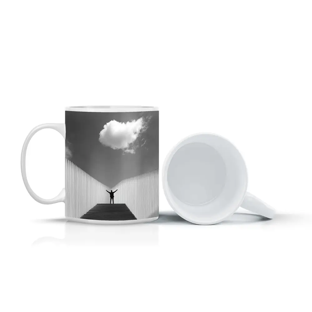 Man Arms Raised Stairs Black White – Mugs