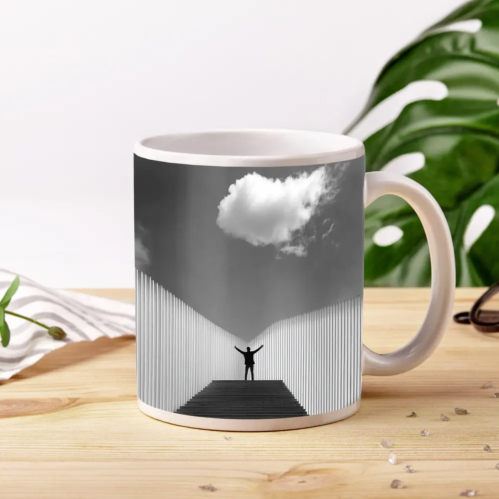 Man Arms Raised Stairs Black White – Mugs