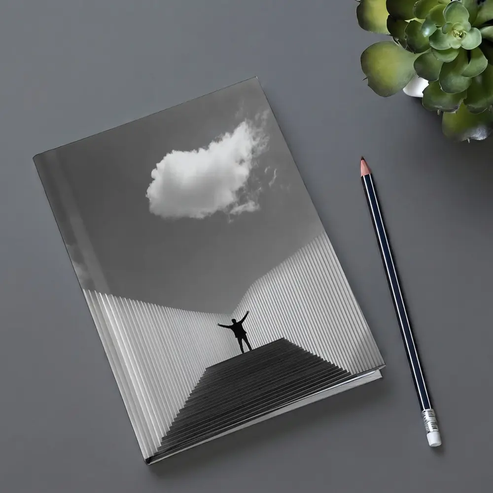 Man Arms Raised Stairs Black White – Notebooks