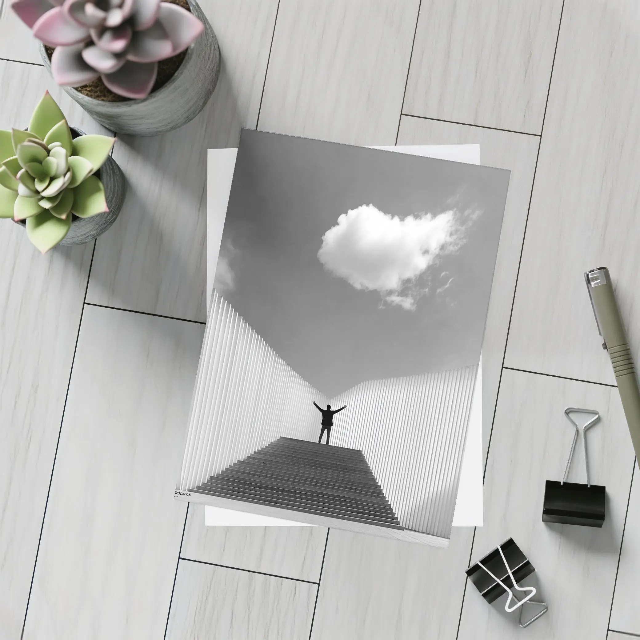 Man Arms Raised Stairs Black White – Postcards