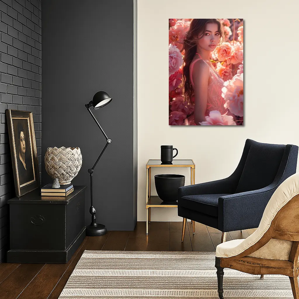 Young Woman Surrounded by Pink Peony Flowers – Wall Art