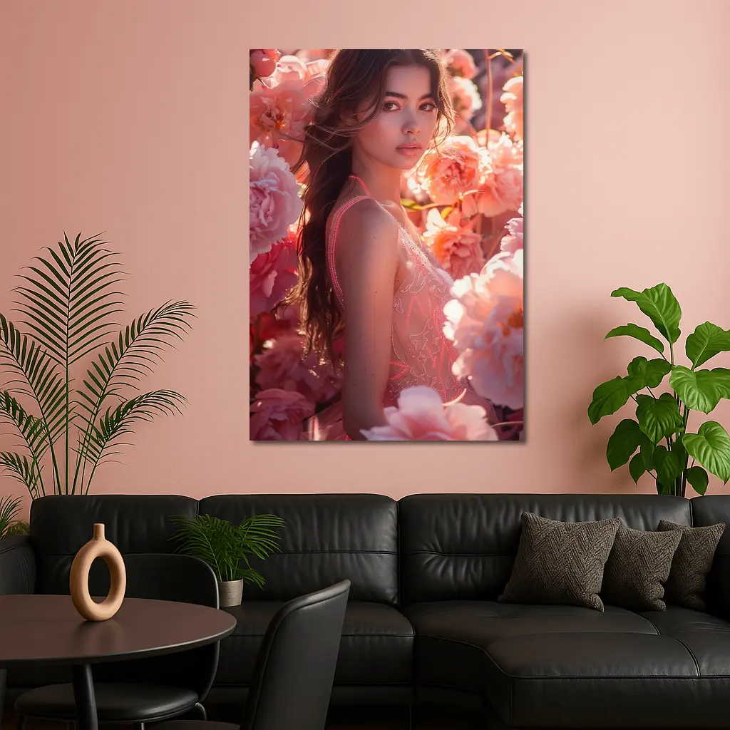 Young Woman Surrounded by Pink Peony Flowers – Wall Art
