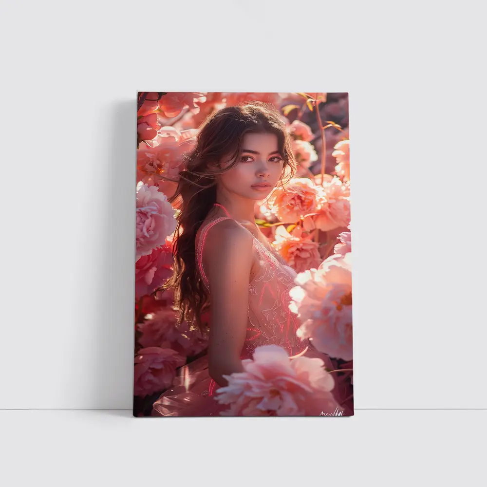 Young Woman Surrounded by Pink Peony Flowers – Wall Art
