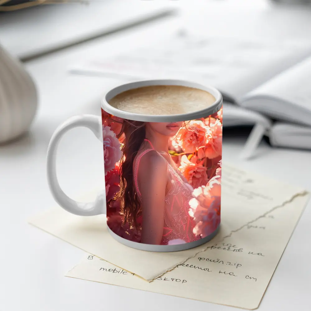 Young Woman Surrounded by Pink Peony Flowers – Mugs