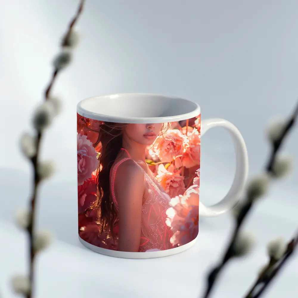 Young Woman Surrounded by Pink Peony Flowers – Mugs