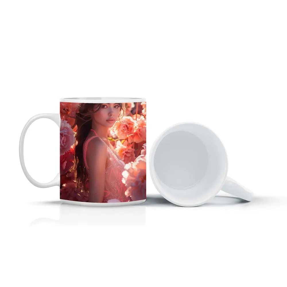 Young Woman Surrounded by Pink Peony Flowers – Mugs