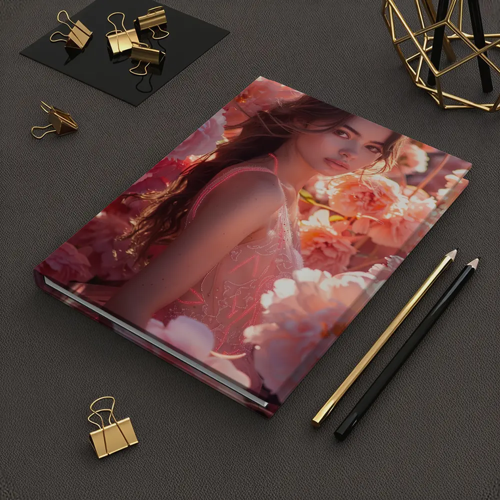 Young Woman Surrounded by Pink Peony Flowers – Notebooks