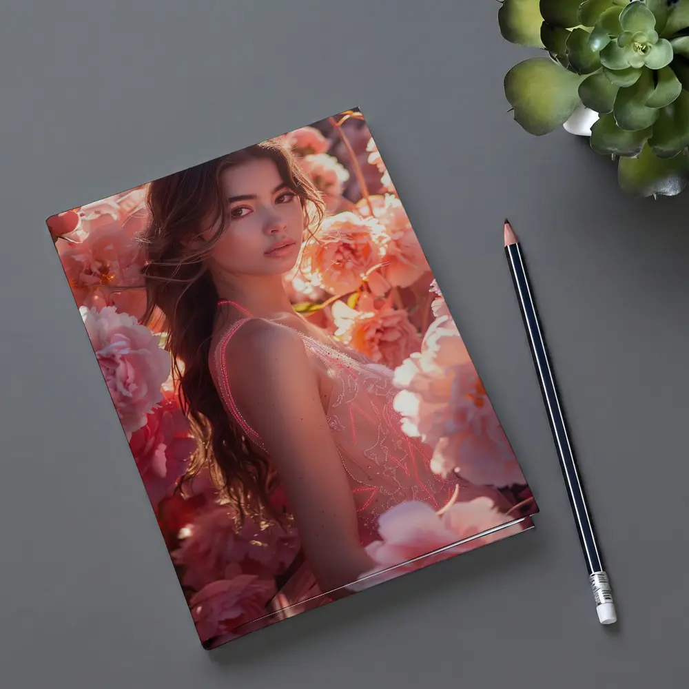 Young Woman Surrounded by Pink Peony Flowers – Notebooks