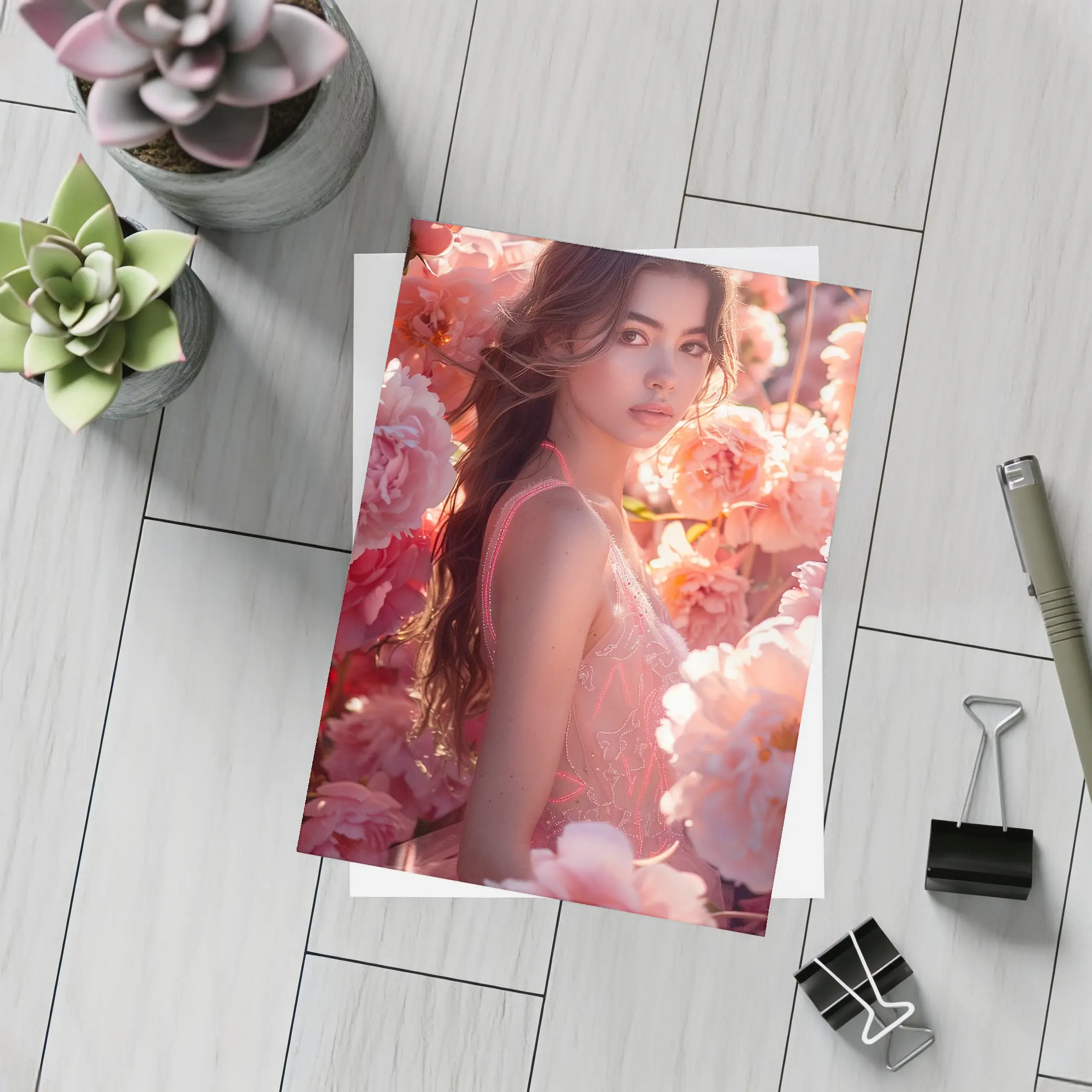 Young Woman Surrounded by Pink Peony Flowers – Postcards